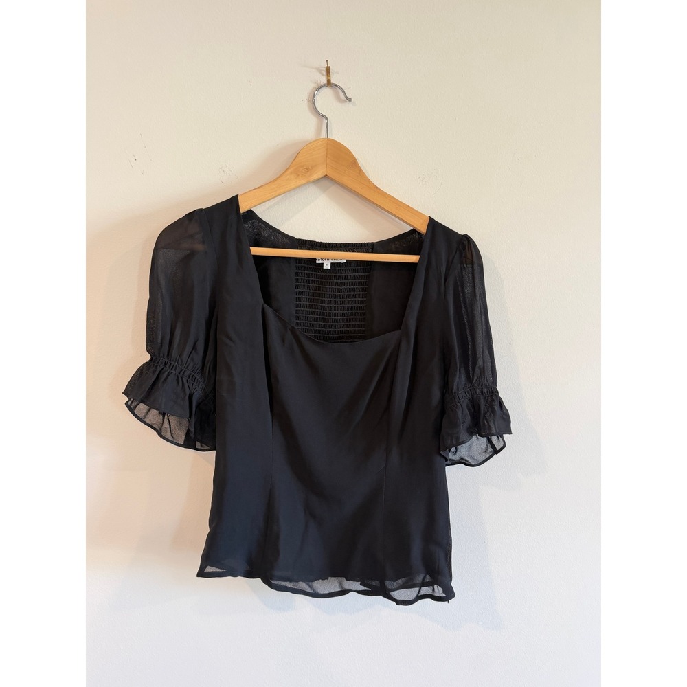 Reformation Black Puff Sleeve Smocked Back Square Neck Blouse Size 6